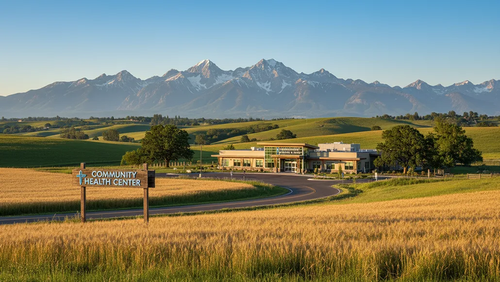 Rural hospital building serving patients in underserved community with open landscape